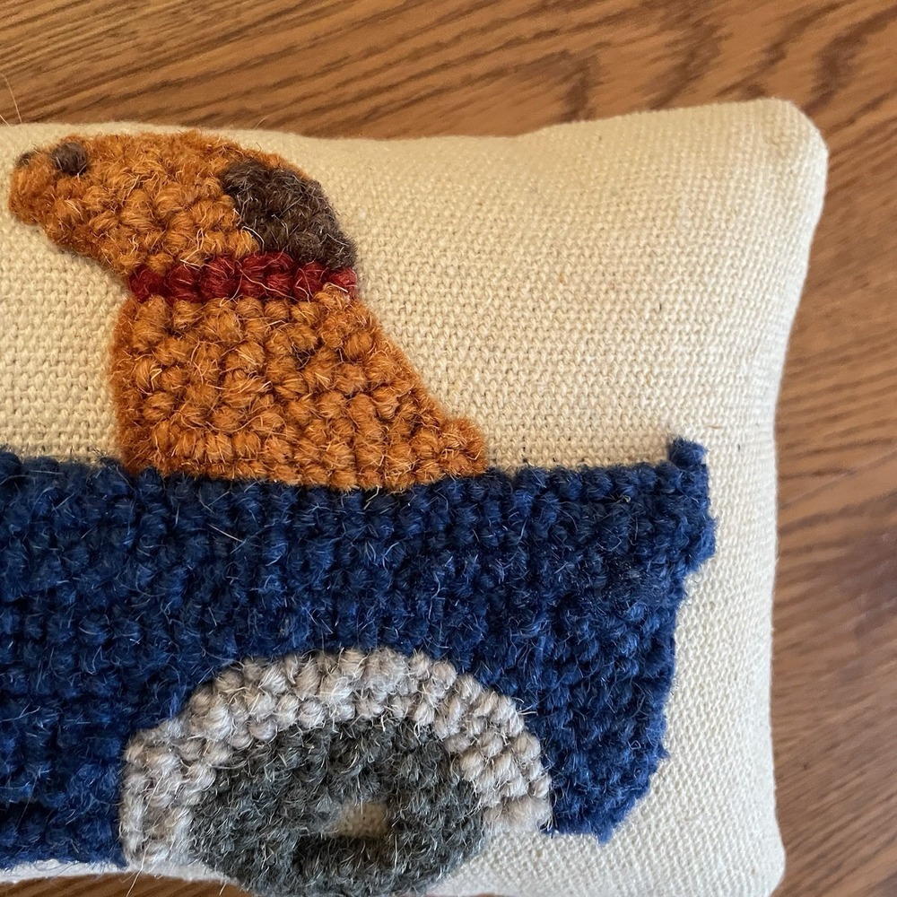 Mud Pie Mini Farm Hooked Pillow Blue Truck Dog 12x6 Zipper Back EUC - Picture 2 of 7